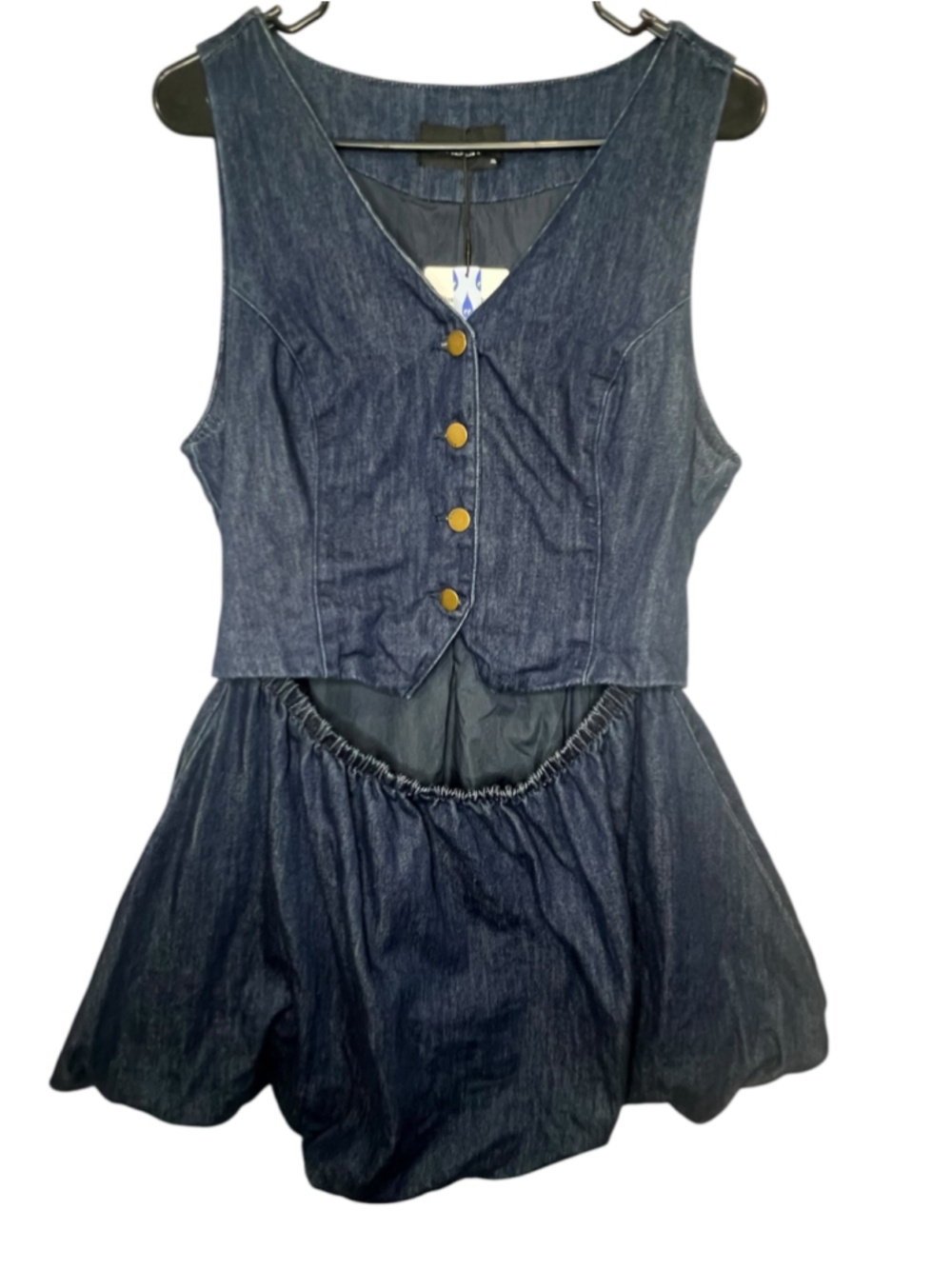 NWT Cider Dark Wash Denim Button Up Vest Mini Dress Bubble Skirt